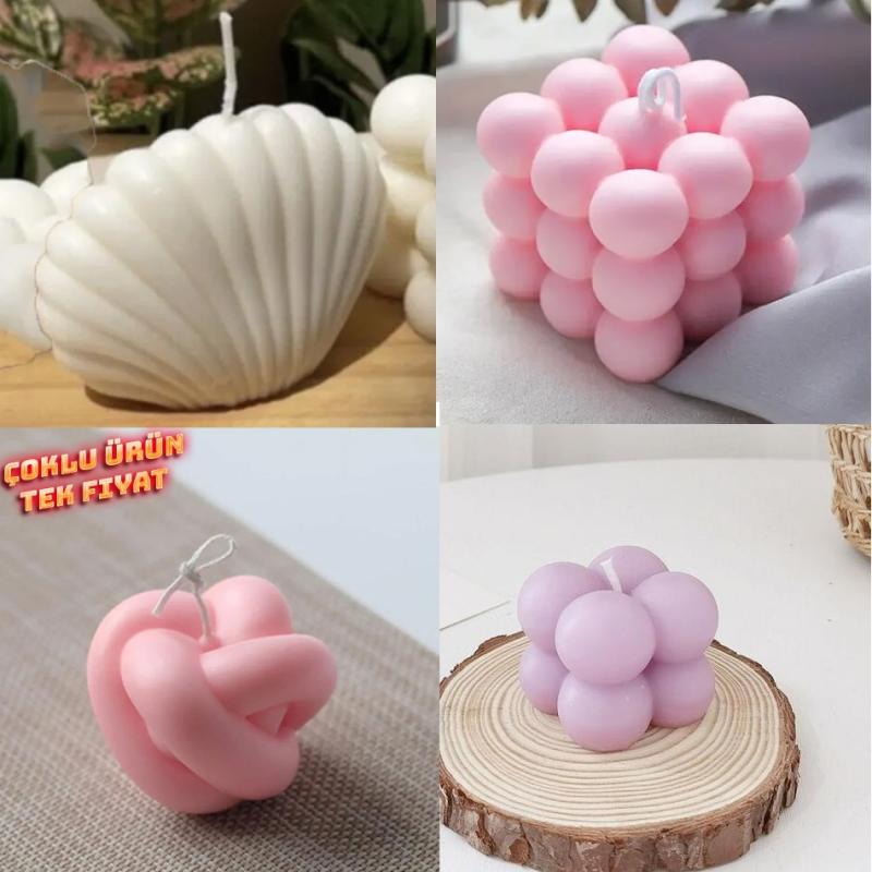 Kare Bubble, Büyük İstiridye, Düğüm ,Minik Bubble Silikon Mum Kalıbı Seti