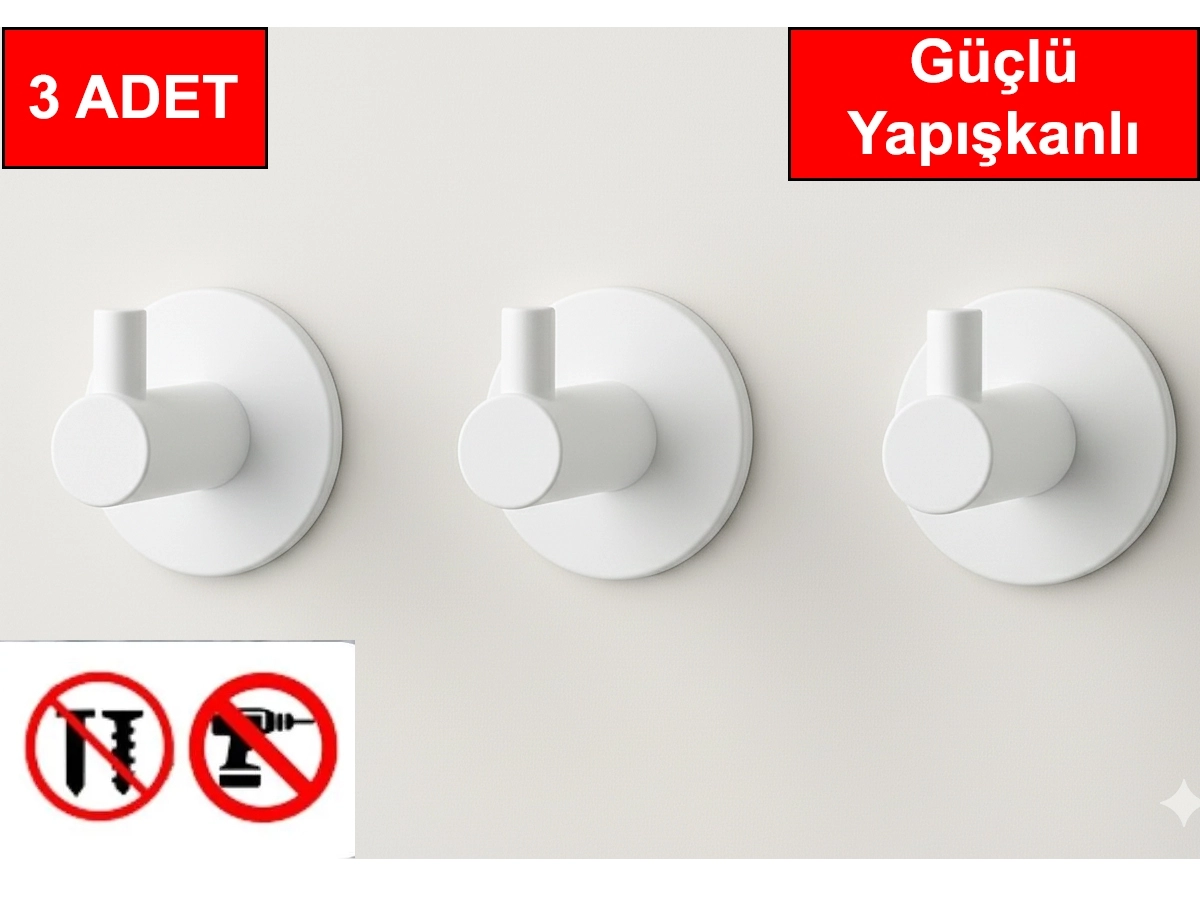 3 adet Beyaz Renk Yuvarlak Plastik Güçlü Yapışkanlı Kancalı Çok Amaçlı Askılık Kapı Arkası Bornoz Askılığı