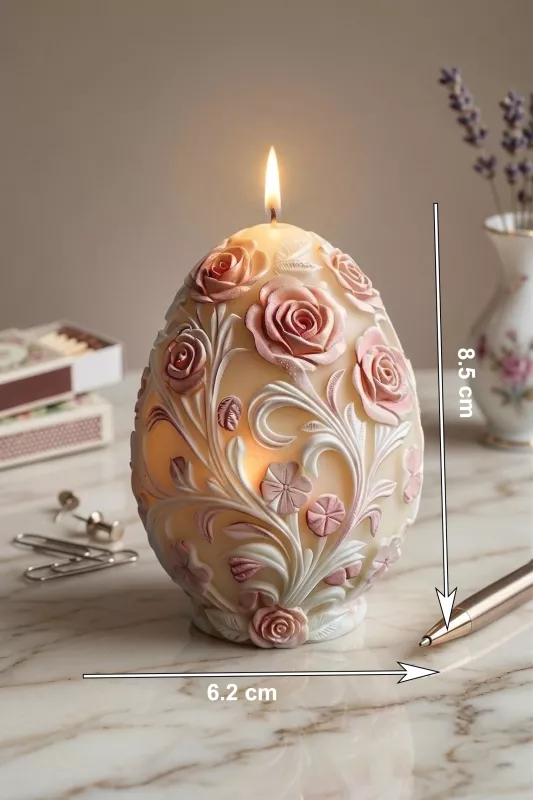 Kabartmalı Gül Desenli Yumurta Mum Beton, Sabun, Polyester, Poliüretan ve Kokulu Taş Silikon Kalıbı