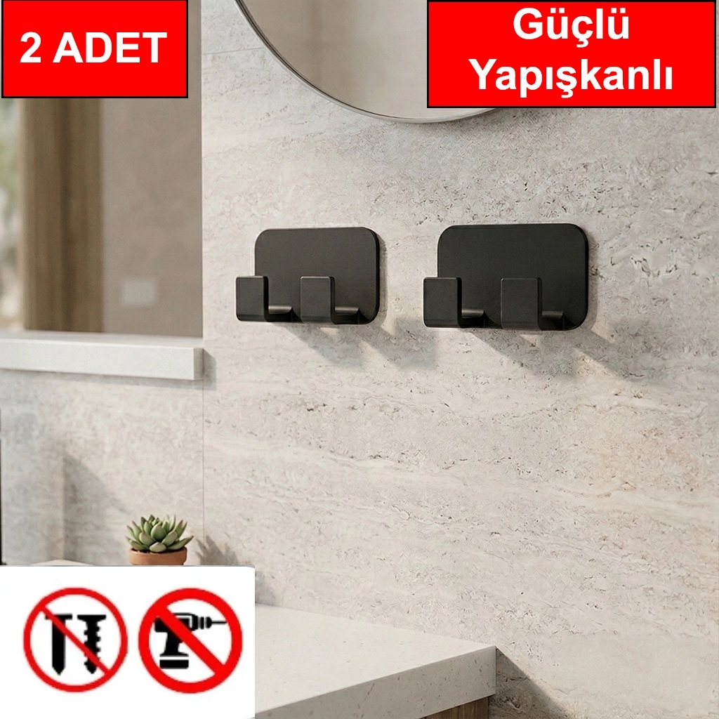 2 adet İkili Plastik Güçlü Yapışkanlı Kancalı Çok Amaçlı Askılık Bornoz Askılığı