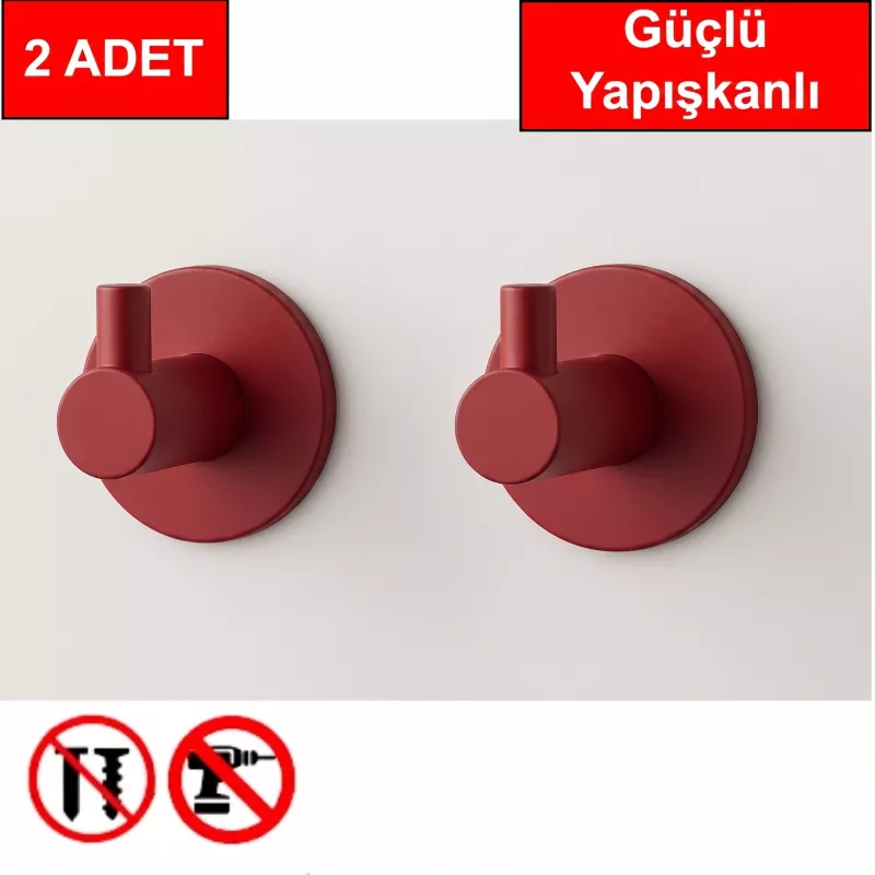 2 Adet Yuvarlak Plastik Güçlü Yapışkanlı Kancalı Çok Amaçlı Askılık Kırmızı Renk