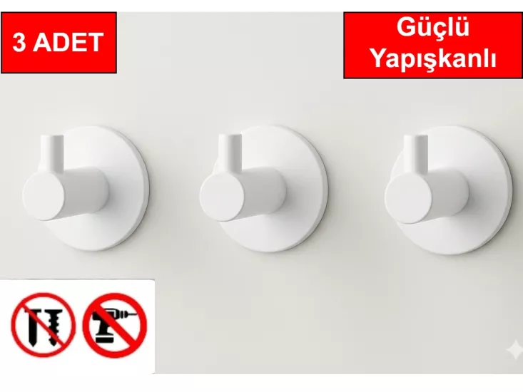 3 adet Beyaz Renk Yuvarlak Plastik Güçlü Yapışkanlı Kancalı Çok Amaçlı Askılık Kapı Arkası Bornoz Askılığı