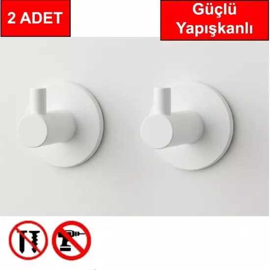 2 adet Beyaz Renk Yuvarlak Plastik Güçlü Yapışkanlı Kancalı Çok Amaçlı Askılık Kapı Arkası Bornoz Askılığı