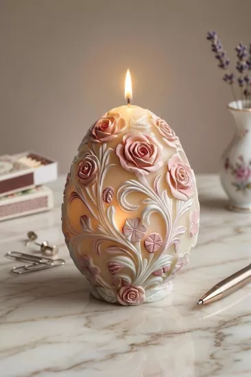 Kabartmalı Gül Desenli Yumurta Mum Beton, Sabun, Polyester, Poliüretan ve Kokulu Taş Silikon Kalıbı