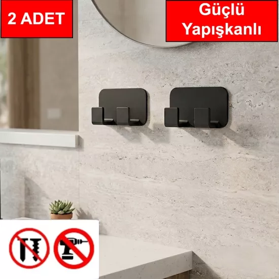 2 adet İkili Plastik Güçlü Yapışkanlı Kancalı Çok Amaçlı Askılık Bornoz Askılığı