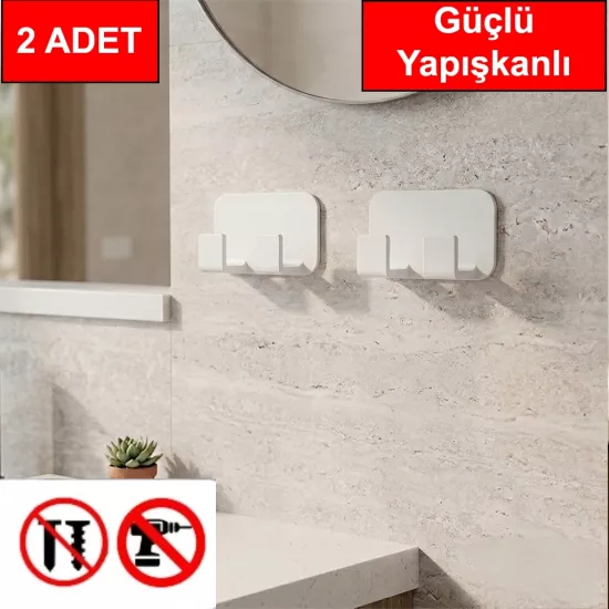 2 adet İkili Plastik Güçlü Yapışkanlı Kancalı Çok Amaçlı Askılık Bornoz Askılığı Beyaz Renk