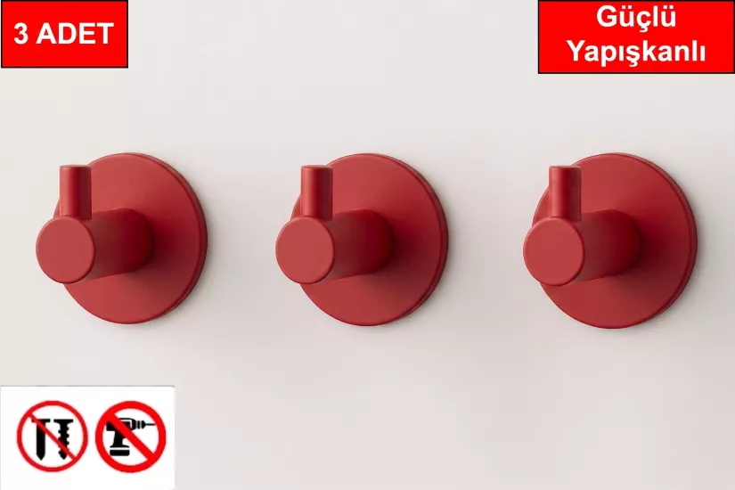 3 adet Yuvarlak Plastik Güçlü Yapışkanlı Kancalı Çok Amaçlı Askılık Kapı Arkası Bornoz Askılığı Kırmız Renk