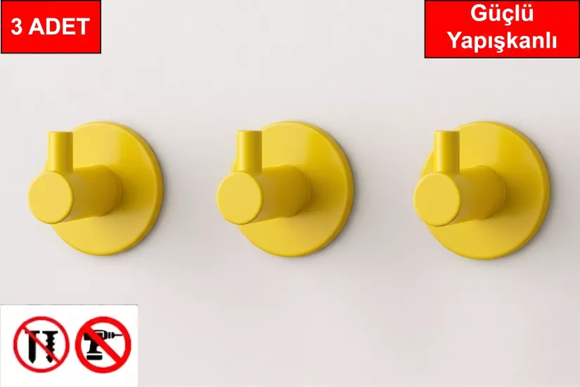3 adet Yuvarlak Plastik Güçlü Yapışkanlı Kancalı Çok Amaçlı Askılık Kapı Arkası Bornoz Askılığı Sarı Renk