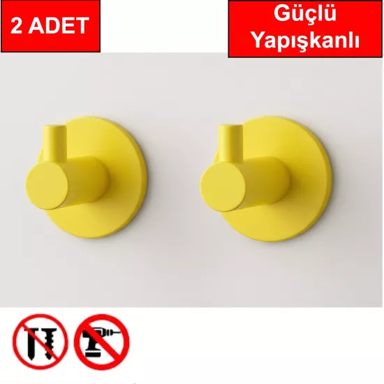 2 adet Yuvarlak Plastik Güçlü Yapışkanlı Kancalı Çok Amaçlı Askılık Kapı Arkası Bornoz Askılığı Sarı Renk