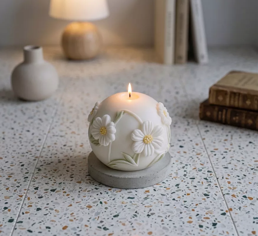 Kabartmalı Top Papatya Mum, Beton, Sabun, Polyester, Poliüretan ve Kokulu Taş Silikon Kalıbı